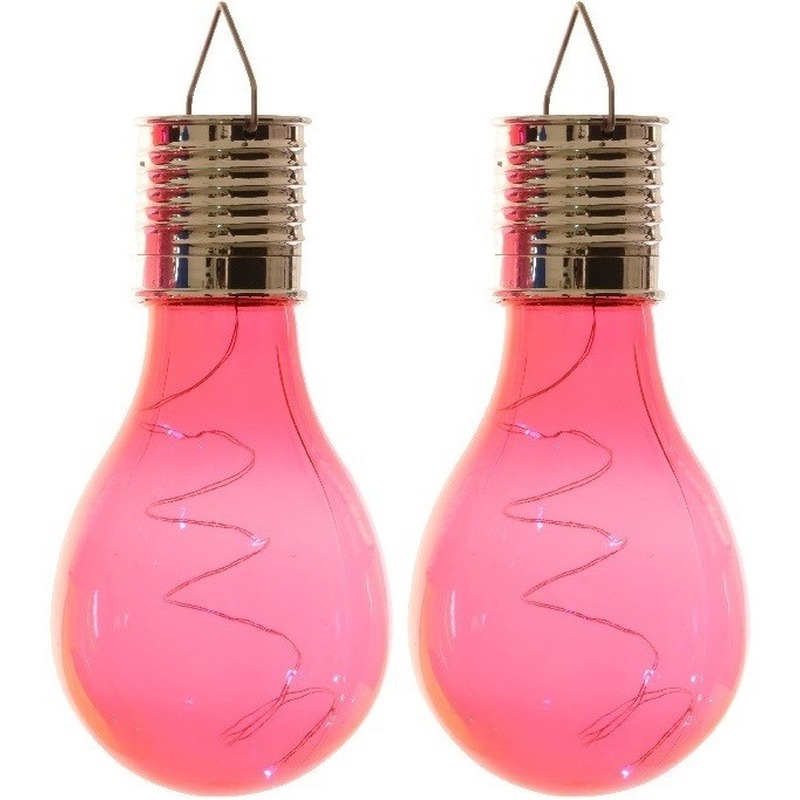 2x Buitenlampen-tuinlampen lampbolletjes-peertjes 14 cm fuchsia roze