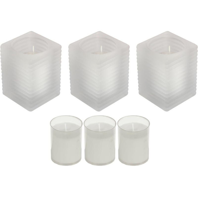 3x Kaarsen wit in kaarsenhouders met 3 navullingen 7 x 10 cm 24 branduren sfeerkaarsen