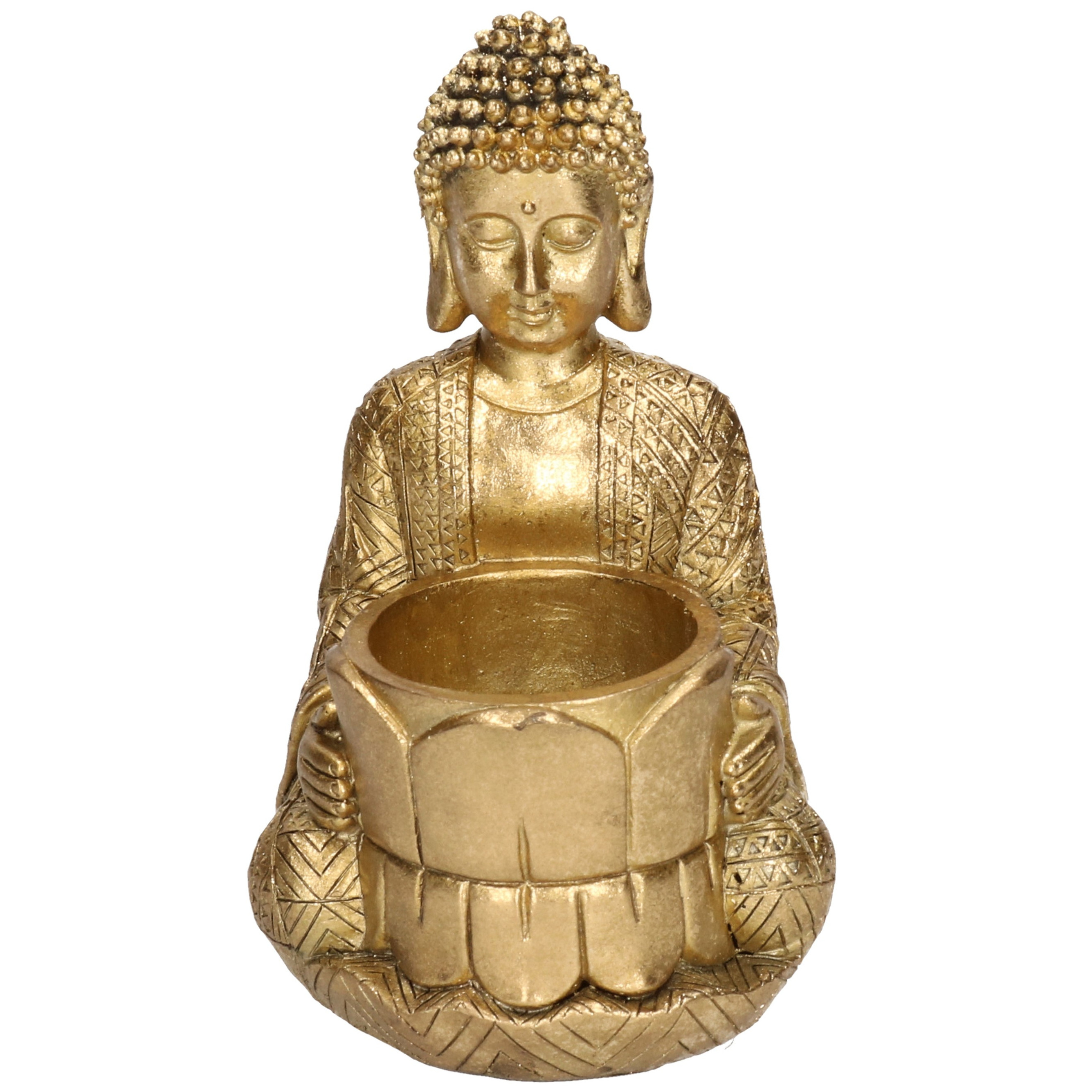 Decoratie boeddha beeldje met theelichthouder goud zittend 14 cm