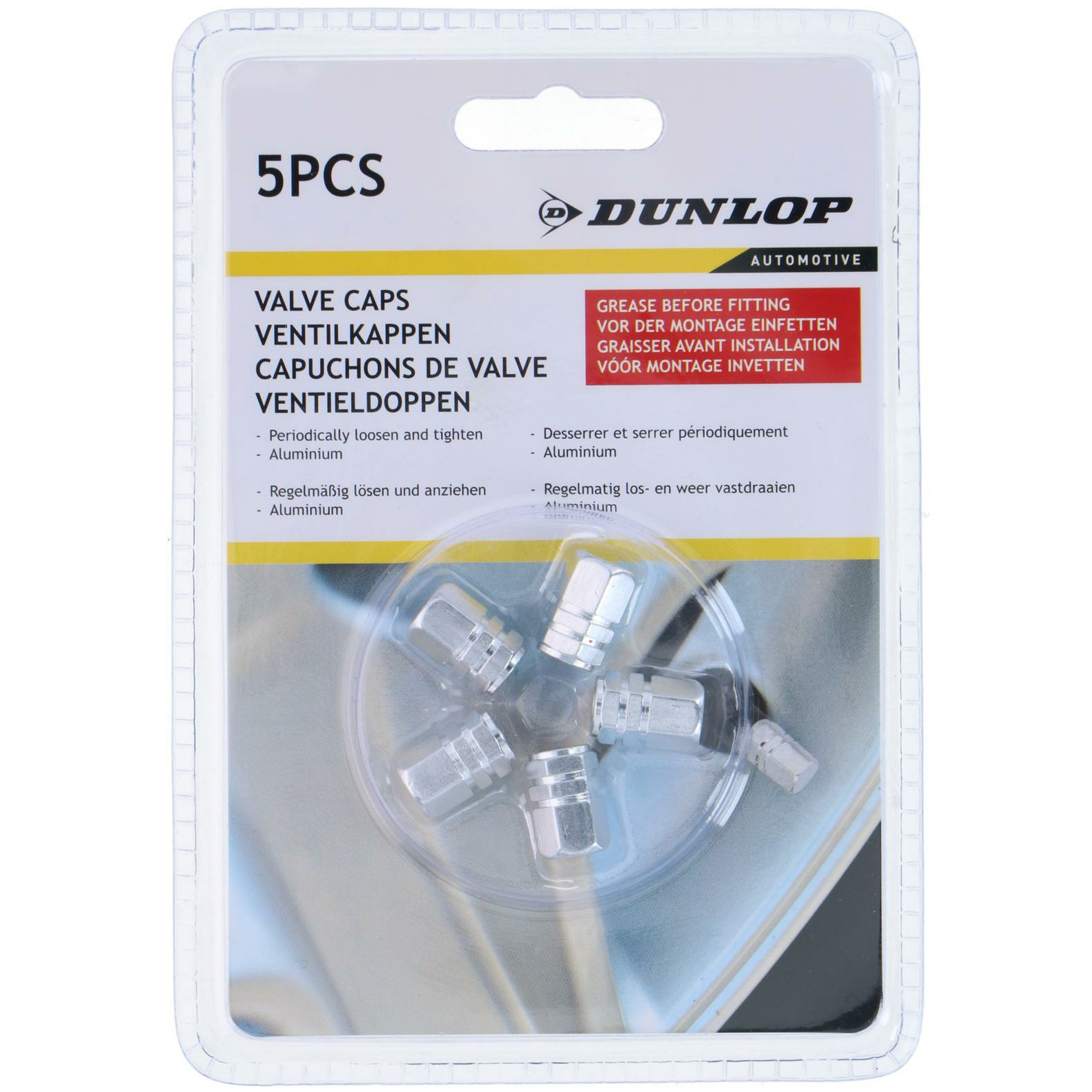 Dunlop Autobanden ventieldoppen 5 delig zilver aluminium Opvallende ventieldopjes
