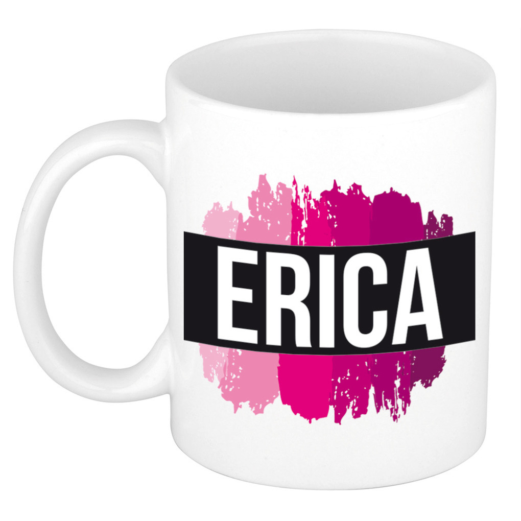 Erica naam-voornaam kado beker-mok roze verfstrepen Gepersonaliseerde mok met naam