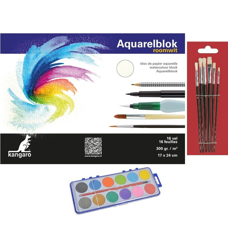 Hobby-knutselen verfset 12 kleuren op waterbasis en 7 kwasten en een aquarelblok-tekenblok 24 x 17 c