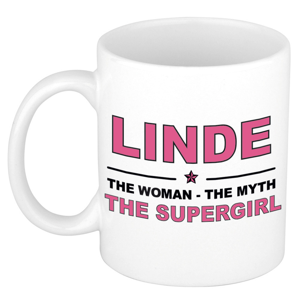 Naam cadeau mok- beker Linde The woman, The myth the supergirl 300 ml