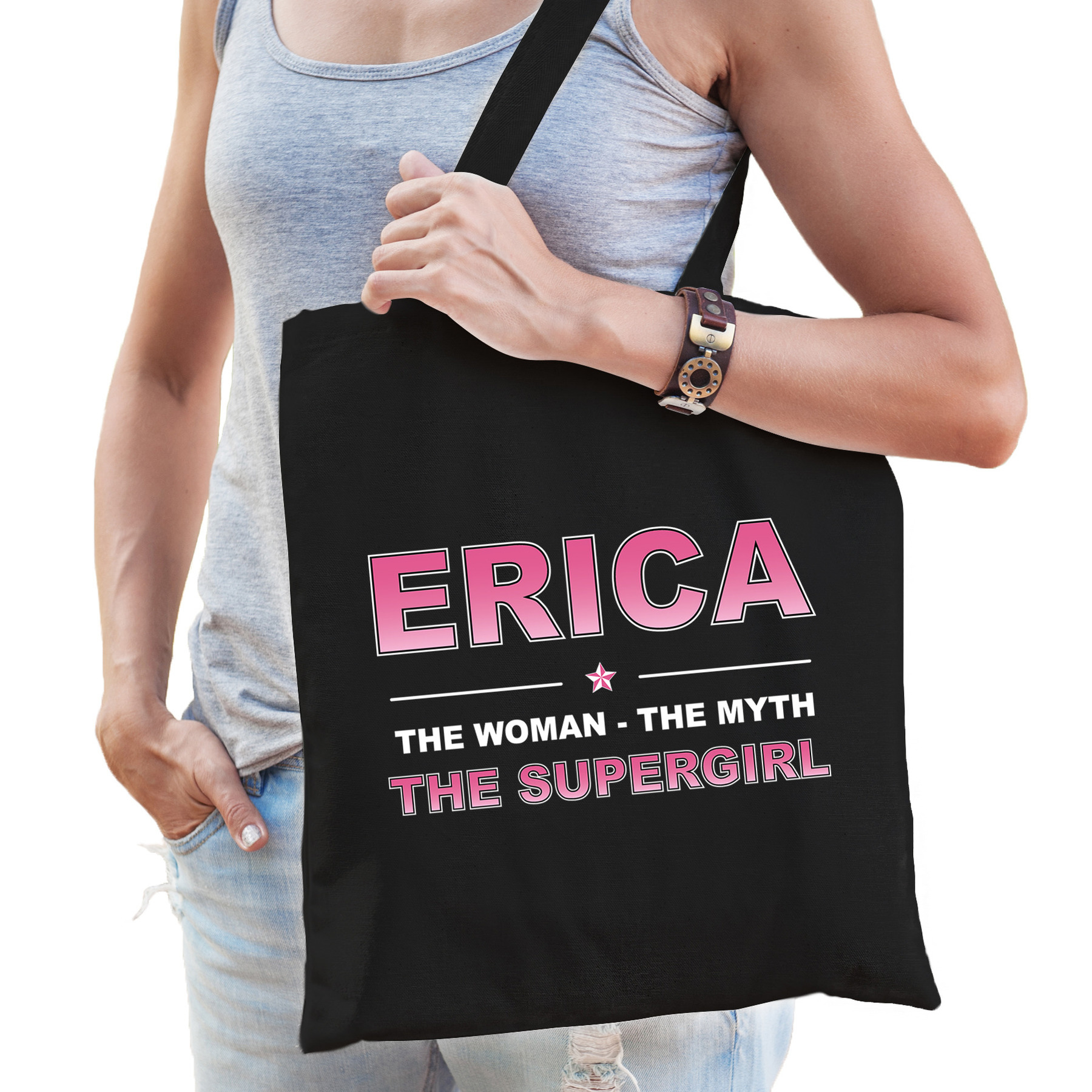 Naam Erica The women, The myth the supergirl tasje zwart Cadeau boodschappentasje