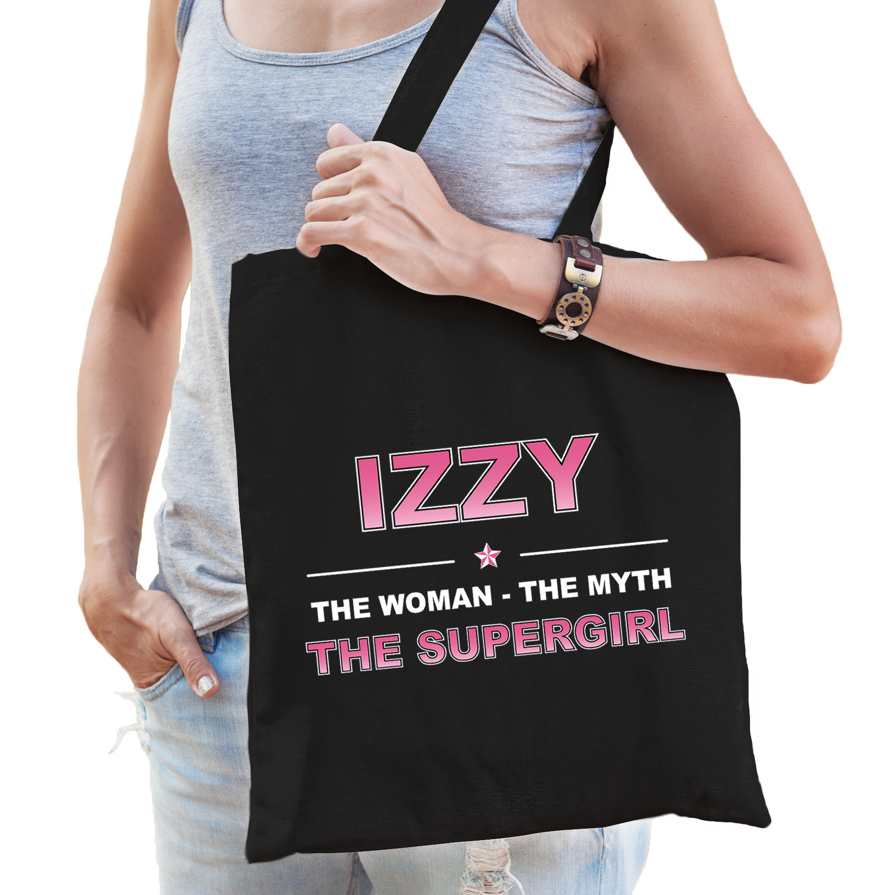 Naam Izzy The women, The myth the supergirl tasje zwart Cadeau boodschappentasje