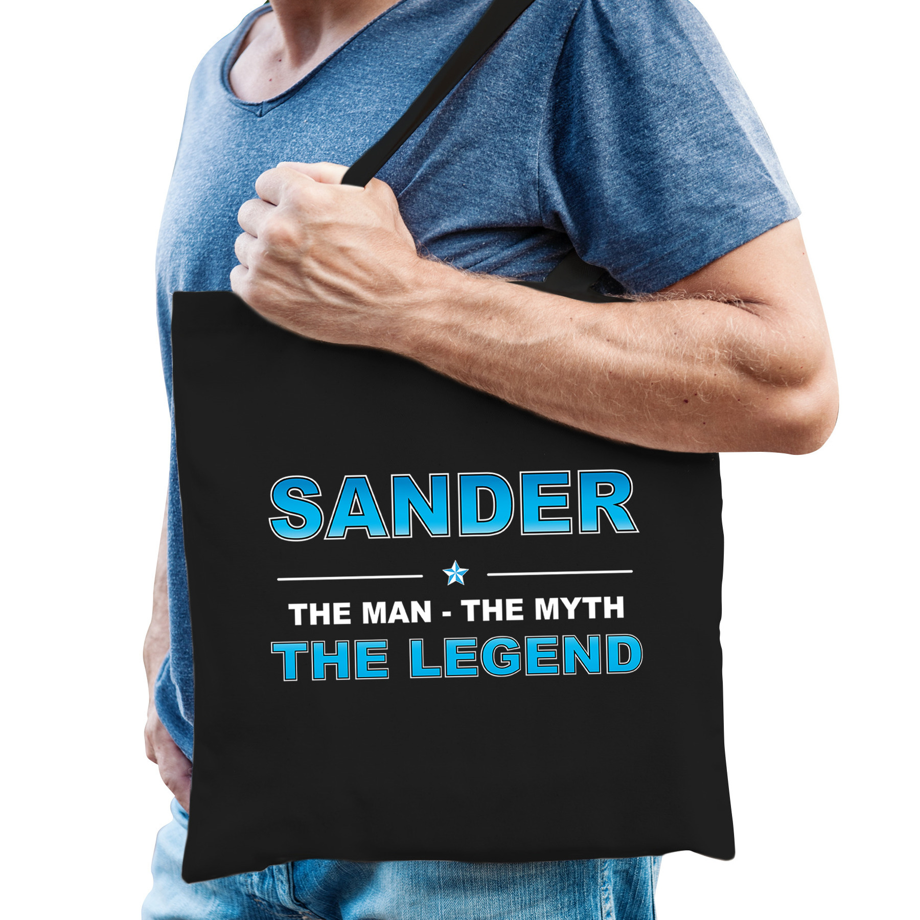 Naam Sander The Man, The myth the legend tasje zwart Cadeau boodschappentasje