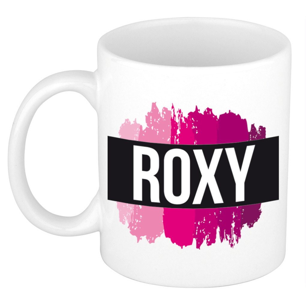 Roxy naam-voornaam kado beker-mok roze verfstrepen Gepersonaliseerde mok met naam