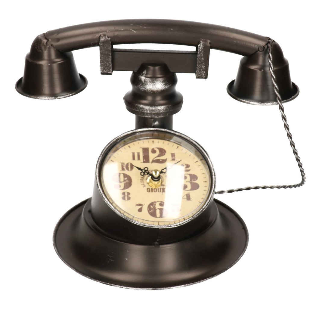 Staande klok antieke telefoon vorm bruin-zwart metaal 21 cm