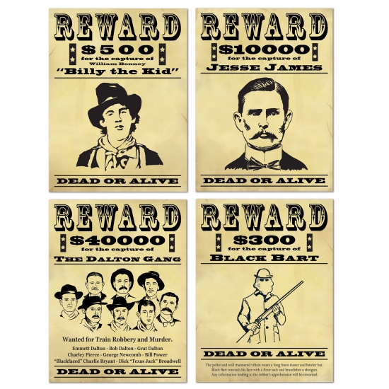 Wilde Westen Wanted posters 4 x