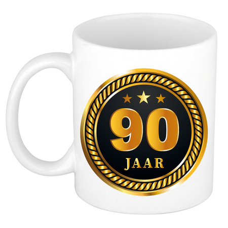 Gold black medal 90 year mug for birthday / anniversary