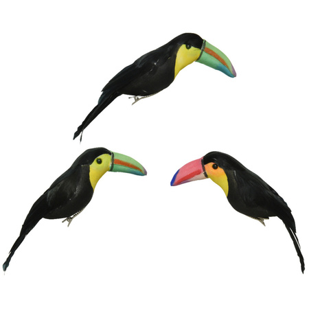 Decoratie kunststof vogel beeldje toekan op clip zwart/geel 18 cm