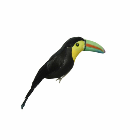 Decoratie kunststof vogel beeldje toekan op clip zwart/geel 18 cm