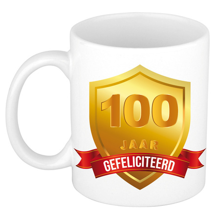 Gold shield 100 year mug - birthday / anniversary