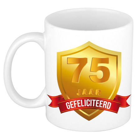 Gold shield 75 year mug - birthday / anniversary
