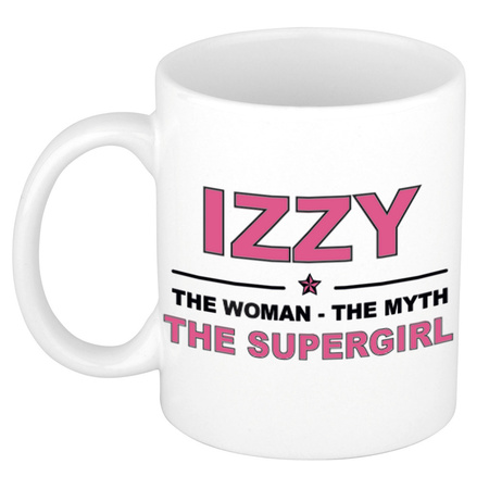 Naam cadeau mok/ beker Izzy The woman, The myth the supergirl 300 ml