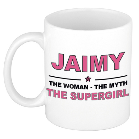 Naam cadeau mok/ beker Jaimy The woman, The myth the supergirl 300 ml