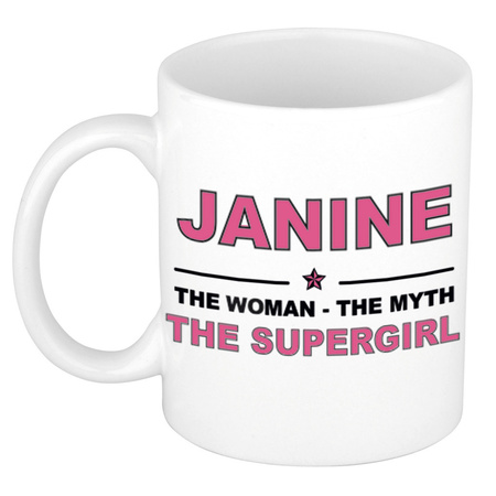 Naam cadeau mok/ beker Janine The woman, The myth the supergirl 300 ml