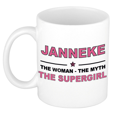 Naam cadeau mok/ beker Janneke The woman, The myth the supergirl 300 ml