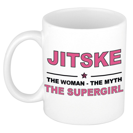 Naam cadeau mok/ beker Jitske The woman, The myth the supergirl 300 ml