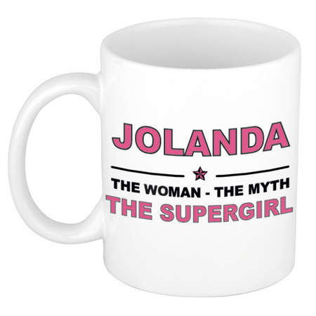 Naam cadeau mok/ beker Jolanda The woman, The myth the supergirl 300 ml