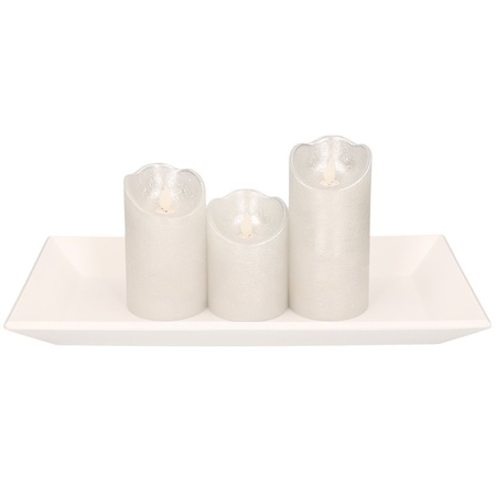 Houten kaarsenonderbord/plateau wit rechthoekig met LED kaarsen set 3 stuks zilver