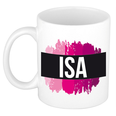 Name mug Isa  with pink paint marks  300 ml