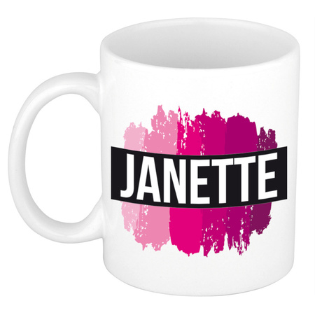 Name mug Janette  with pink paint marks  300 ml