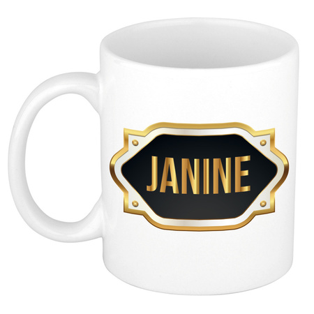 Janine naam / voornaam kado beker / mok met goudkleurig embleem