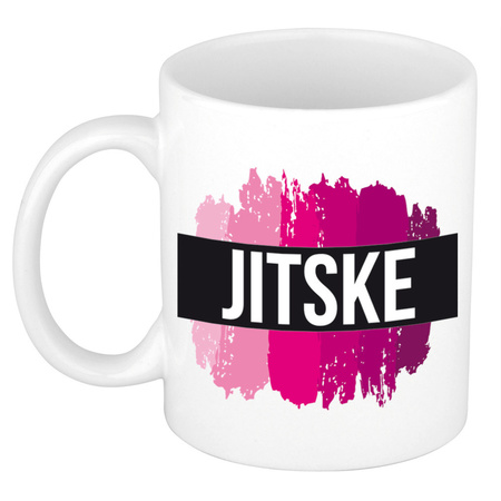 Name mug Jitske  with pink paint marks  300 ml
