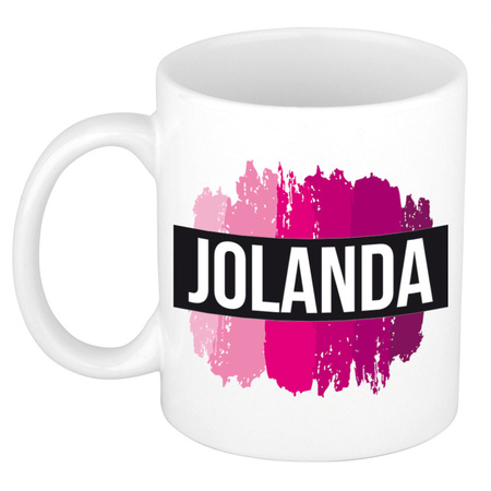 Jolanda  naam / voornaam kado beker / mok roze verfstrepen - Gepersonaliseerde mok met naam