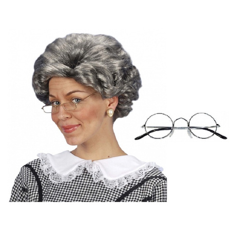 Grandma Sarah carnaval wig grey and glasses