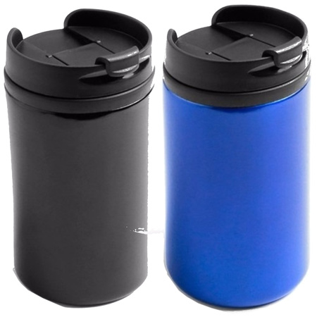 Set of 2x thermo coffee drink cups 300 ml metallic black and blue