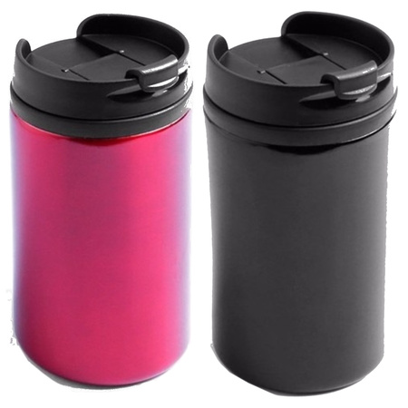 Set of 2x thermo coffee drink cups 300 ml metallic black and red