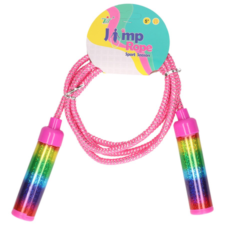 Kids Fun Springtouw speelgoed Rainbow glitters - roze - 210 cm - buitenspeelgoed