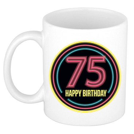 Birthday mug/cup -  happy birthday 75 years - neon - 300 ml - birthday present